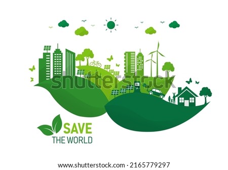 save ecosystem environment and energy on leaf. green ecology friendly city sustainable. eco family sustainable. solar cell and wind power. Earth nature day. vector illustration in flat style. 
