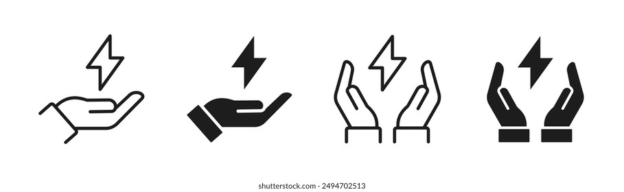 Guardar Línea de mano de electricidad y conjunto de iconos planos. Símbolo de electricidad a mano. Icono de protección. Vector