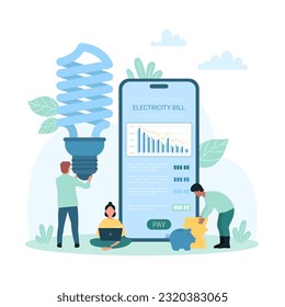 Save electricity and money vector illustration. Cartoon tiny people using light bulb at home to reduce electricity consumption, account interface with electricity bill down on phone screen