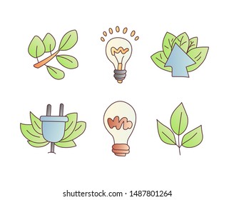 Save enegry vector cartoon icons. Green leaves with bulb, save the planet icon set. Electricity and green leaves eco, ecologic concept icon set. Cartoon save energy icon set
