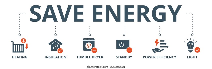 Save energy banner web icon vector illustration concept with icon of heating, insulation, tumble dryer, standby, power efficiency, light