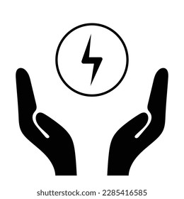Save energy, black color outline electricity flash icon symbol with hands. Concept of eco energy and environmental friendly sources vector Graphic isolated on white background.