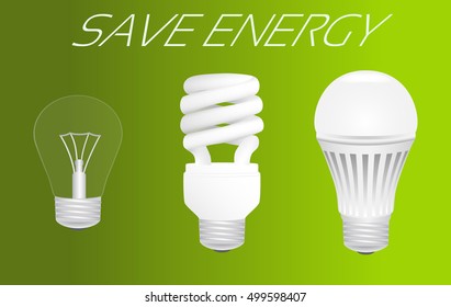 Save energy concept. Evolution from incandescent lamp through fluorescent lamp to led lamp usage. Vector illustration