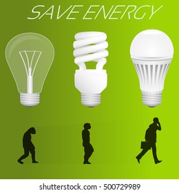 Save energy concept. Evolution from incandescent lamp to led lamp similar to human evolution. Vector illustration