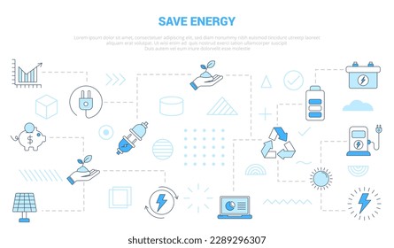 Energiesparkonzept mit Symbolsatz-Vorlagenbanner mit modernem blauen Farbstil