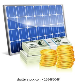 Save Energy Concept with Solar Panel and Money, vector isolated on white background