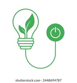 Save energy concept. Switch off electric button. Electric lightbulb with green leaves inside