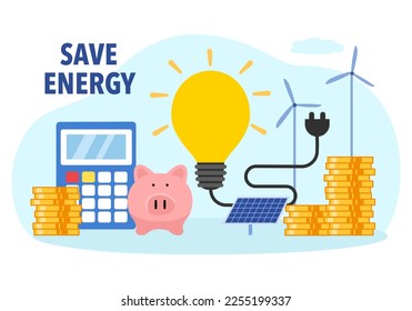 Save energy concept vector illustration. Lightbulb, stack of coins, calculator, solar panel, windmill and piggy bank in flat design.