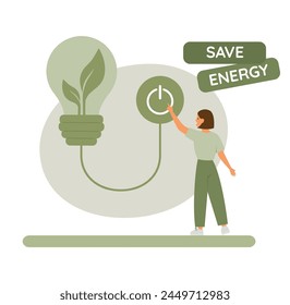 Save energy concept. Woman push shutdown symbol.  Energy icon with lightbulb with green leaves. Vector illustration.
