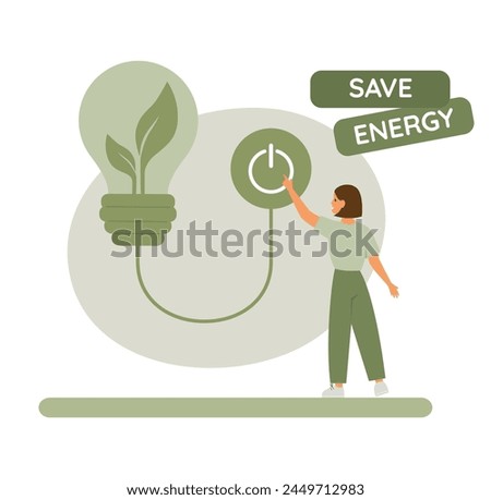 Save energy concept. Woman push shutdown symbol.  Energy icon with lightbulb with green leaves. Vector illustration.
