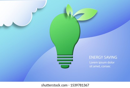 Save energy creative idea concept. saving, ecology and environment concept with light bulb, leaves and cloud background in paper art craft style design vector illustration