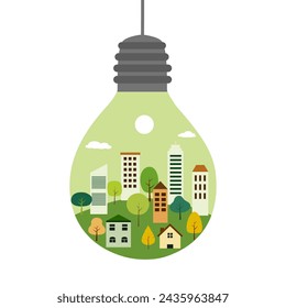 Ahorre energía concepto de idea creativa. Bombilla con ilustración vectorial de conservación de la ciudad ecológica verde y el medio ambiente.