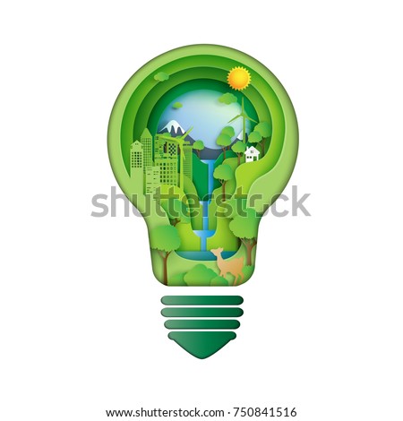 Save energy creative idea concept.Paper carve of light bulb with green eco city and environment conservation paper art style.Vector illustration.