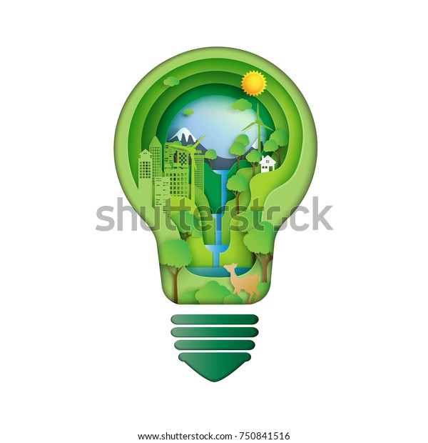 省エネルギーのクリエイティブアイデアのコンセプト 緑のエコシティーと環境保全のペーパーアートスタイルを使った電球の切り札 ベクターイラスト のベクター画像素材 ロイヤリティフリー