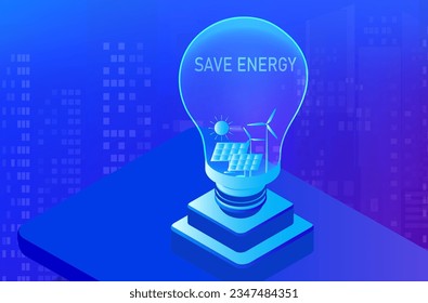 Ahorro de energía, concepto de crisis energética, bombilla de luz con paneles solares y molinos de viento ilustración vectorial