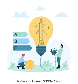 Save energy and electricity vector illustration. Cartoon tiny people holding light bulb plug and money, saving electricity of transmission tower with efficiency, pay for consumption utility bills