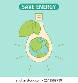 Save energy. Environment. Vector flat illustration planet earth in light bulb on blue background. Preserve nature. Save the planet. Ecology banner. EPS10