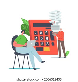 Save Energy Environmental Concept. Tiny Male and Female Characters Counting Benefit at Huge Calculator, People Use Energy Saving Eco Lamps, Woman Working on Laptop. Cartoon Vector Illustration