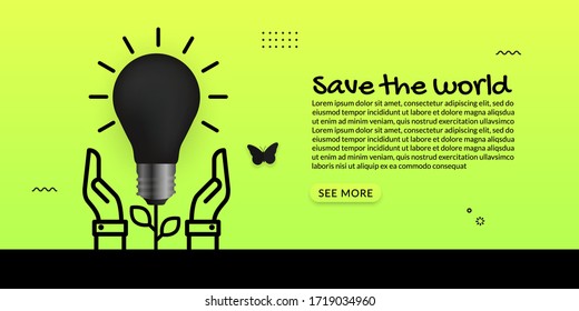 Save energy with hand hold light bulb on green background, ecology concept