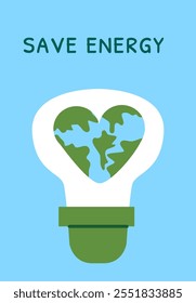 Save energy: heart-shaped earth in light bulb icon promotes environmental awareness.