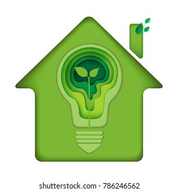 Save energy icon abstract paper art background.Ecology and environment conservation concept with paper carving light bulb in green house.Vector illustration.