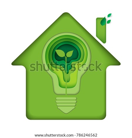 Save energy icon abstract paper art background.Ecology and environment conservation concept with paper carving light bulb in green house.Vector illustration.
