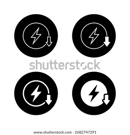 Save energy icon in black circle. Low power consumption symbol with lightning and down arrow