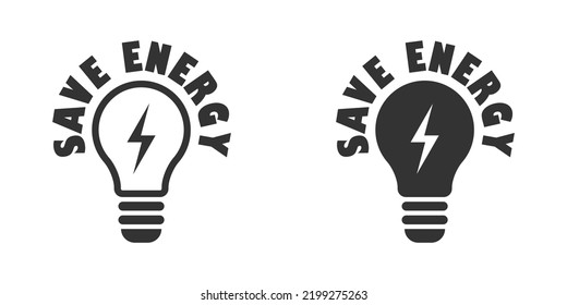 Save energy icon. Bulb with lightning symbol inside and lettering. Vector illustration.