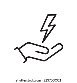Energiesymbol sparen, Stromverbrauch kontrollieren, handsparender Verbrauch, Dünnzeilensymbol auf weißem Hintergrund - bearbeitete Schlaganfallgrafik