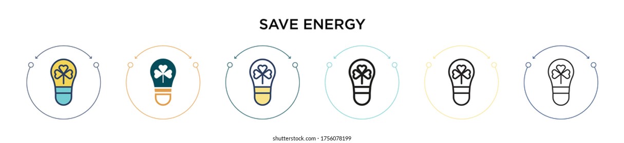 Guardar el icono de energía en el estilo de línea fina, contorno y trazo. Ilustración vectorial de dos diseños de vectores de energía de ahorro de color y negro se pueden utilizar para móviles, ui, web