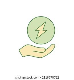 Icono de ahorro de energía. Relámpago entre el icono de la mano en el icono de color, aislado en el fondo blanco 