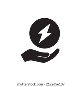Icono de ahorro de energía. Rayo entre el icono de la mano en un glifo plano negro, estilo relleno aislado en fondo blanco