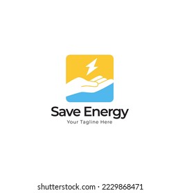 Save energy icon. Lightning bolt between hand icon in black flat glyph, filled style isolated on white background