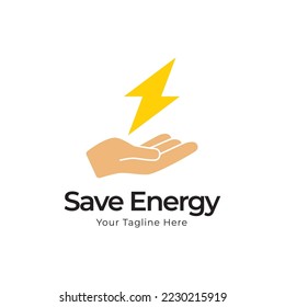 Save energy icon. Lightning bolt between hand icon in black flat glyph, filled style isolated on white background