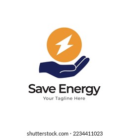 Save energy icon. Lightning bolt between hand icon in black flat glyph, filled style isolated on white background