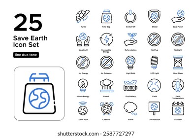 Save Energy Icon Set. Earth Hour Awareness Symbols. Eco-Conscious Lifestyle. Light Bulb, Switch, and Electricity Conservation. Vector Illustration. Oultine duo tone icon set