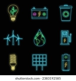Save energy icon set. Outline set of save energy vector icons neon color on black
