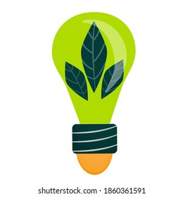 The save energy logo is isolated on a white background. Green light bulb with leaves. Vector illustration in flat style. An element from the design kit.