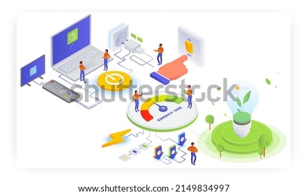 Save energy. People turning off the lights and devices. Electric lamp with green sprout, energy use meter, vector.