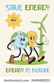 Ahorra energía cita, cartel de motivación. Día de la Tierra concepto ecológico. Energía renovable. Planeta de la Tierra y personaje de la lámpara caminando. Ilustración vectorial.