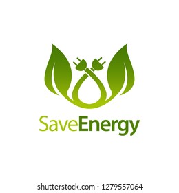 Save energy stem leaves with electric plug icon logo concept design template idea