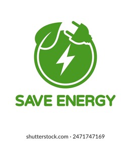 Save energy symbol. Energy icon with green leaf. Eco friendly, environmentally. Eco icon. Vector illustration.