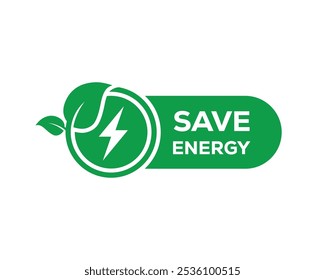 Save energy symbol. Energy icon with green leaf. Energy saving symbol vector. Eco friendly, environmentally.