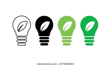 save energy symbol. Energy icon with green leaf. Eco friendly, environmentally. Eco icon. Energy saving bulb. Light bulb set. Light bulb with a energy icon and leaf. bulb with a leaf. Vector icon