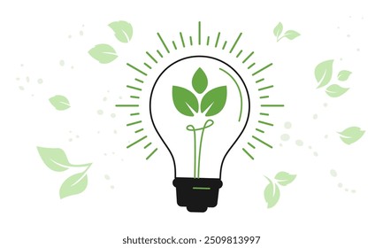 Guardar símbolo de energía. Bombilla con hojas verdes. Energía respetuosa del medio ambiente, ambientalmente. Ecología, calentamiento global, reciclar, proteger el concepto de medio ambiente. Ilustración vectorial