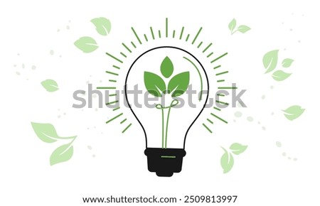 Save energy symbol. Light bulb with green leaves. Eco friendly energy, environmentally. Ecology, global warming, recycle, protect environment concept. Vector illustration
