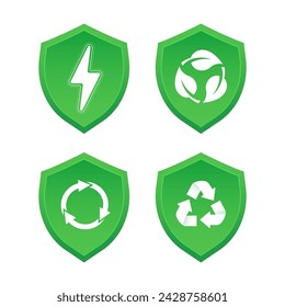 Save energy symbol with shield. Energy icon with green color. Eco friendly, environmentally. Reduce, reuse, recycle sign. Concept of protecting alternative electrical energy. Vector illustration