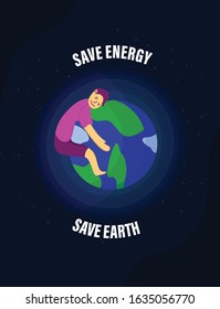 Save Energy vector concept with a male character hugging an earth planet, isolated in dark blue space background