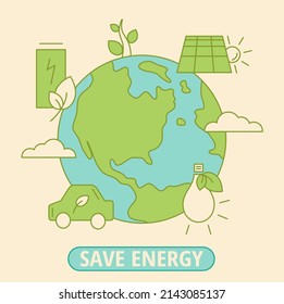 Save energy. Vector flat illustration of planet earth and energy conservation. Environment icons. Preserve nature. Save world. Ecology banner. EPS10