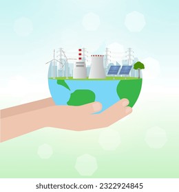 Save Energy. Save the World. Renewable Energy Sources.   Alternative Clean and Green Energy. Eco-Friendly Concept. Vector Illustration.